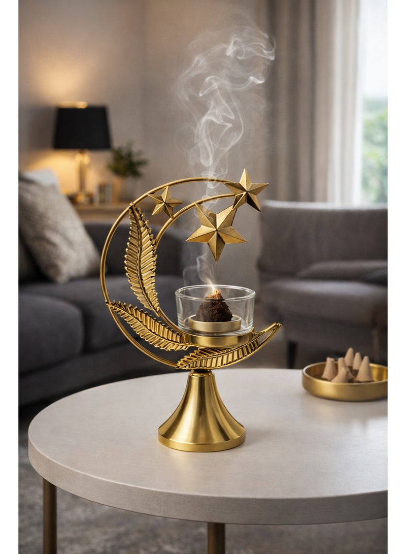 Metal Decorative Bakhoor Burner With Glass Holder – Crescent & Stars Design – Ramadan & Home Decor – Height 20 Cm (6.5 × 6.5 Cm Base – 15 Cm Top Width) - Image 2